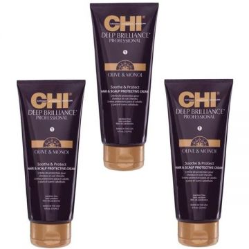 Pachet 3 x Crema de Protectie pentru Par si Scalp - CHI Farouk Deep Brilliance Olive & Monoi Soothe & Protect Hair & Scalp Protective Cream, 177ml