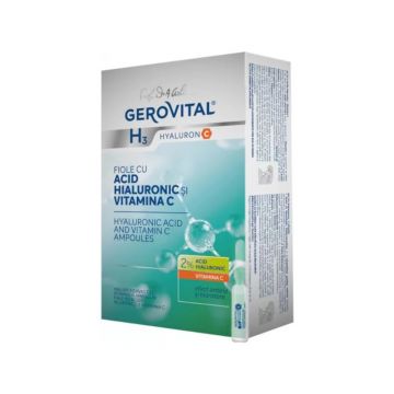 Fiole cu Acid Hialuronic si Vitamina C Gerovital H3 Hyaluron C, Concentratie 2%, 10 Buc/Pachet x 2 ml