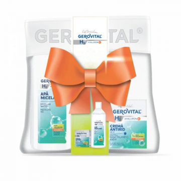 Set Cadou Gerovital H3 Hyaluron C, Apa Micelara cu Vitamina C, 400 ml si Crema Antirid de Zi, 50 ml