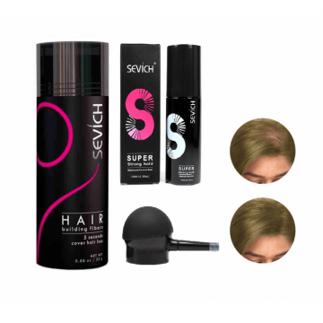 Kit complet fibre pentru par rar, SEVICH, pudra, fixativ, aplicator, blond, 25 g