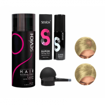 Kit complet fibre pentru par rar, SEVICH, pudra, fixativ, aplicator, blond deschis, 25 g