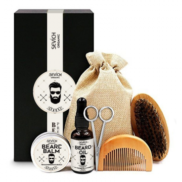 Kit Premium ingrijire barba si mustata: ulei de barba, balsam, perie, pieptene, foarfeca, Sevich