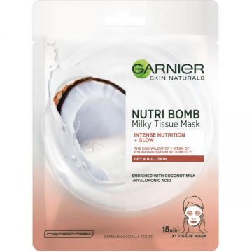 Masca Servetel cu Lapte de Cocos si Acid Hialuronic pentru Ten Uscat si Tern - Garnier Nutri Bomb Milky Tissue Mask, 28 g