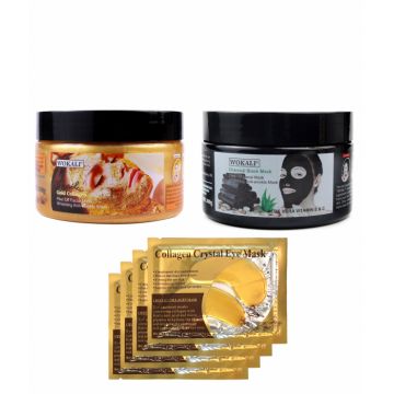 Kit Complet pentru Reintinerirea Tenului cu Masca de Fata cu Melc, Aur 24K, Colagen,Masca neagra pentru indepartat punctele negre si 4 Seturi x 2 Plasturi pentru Ochi