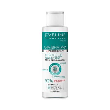 Toner exfoliant Eveline Cosmetics Miracle, cu acizi si vitamine, pentru curatarea porilor si netezirea pielii, 200 ml
