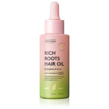 delhicious RICH ROOTS AMLA & ROSEMARY HAIR OIL ulei hidratant si catifelant pentru un scalp uscat, atenueaza senzatia de mancarime