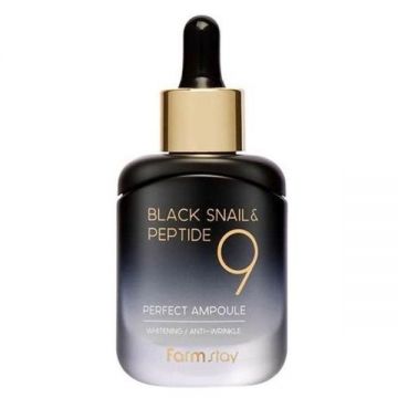 Fiola cu Ser Concentrat Antirid cu Extract de Melc Negru si Peptide 9 - FarmStay Black Snail Peptide 9 Perfect Ampoule, 35 ml